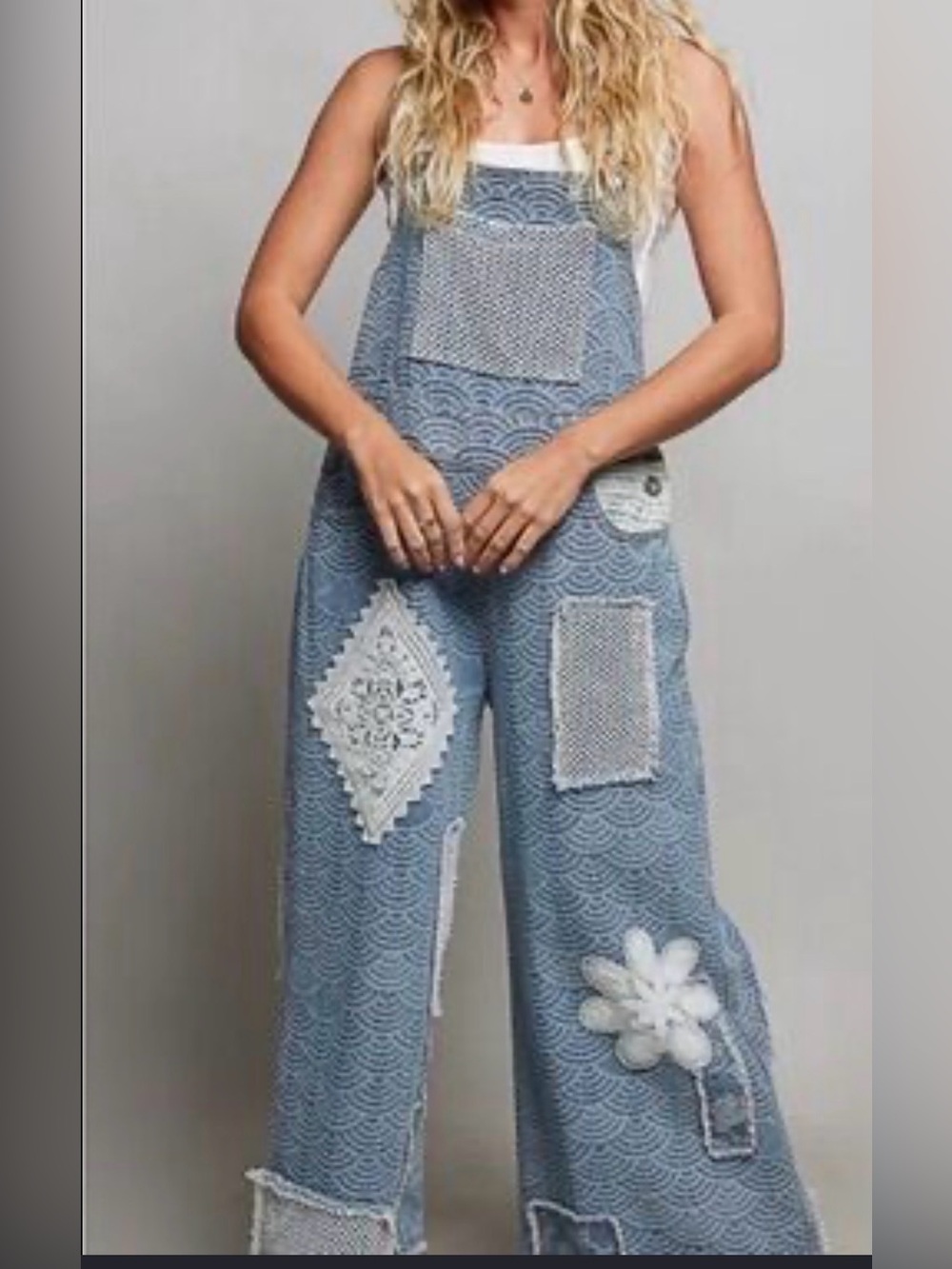 Pol Patchwork Crochet Wide-LegJumpsuit/Overalls size medium